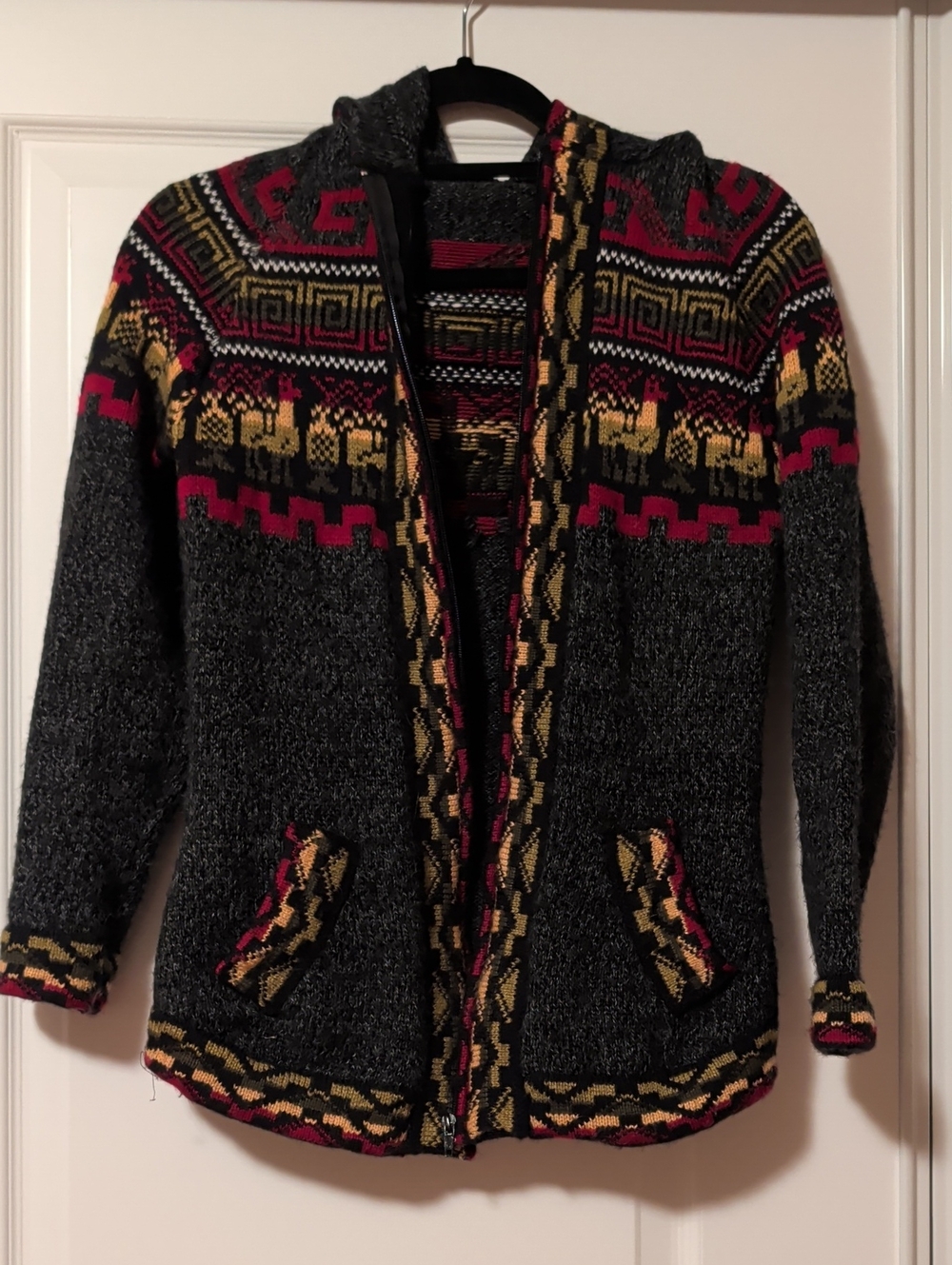 Peruvian Hooded Charcoal Knit Zip Jacket with Patterned Trim 100% Alpaca Wool 🦙